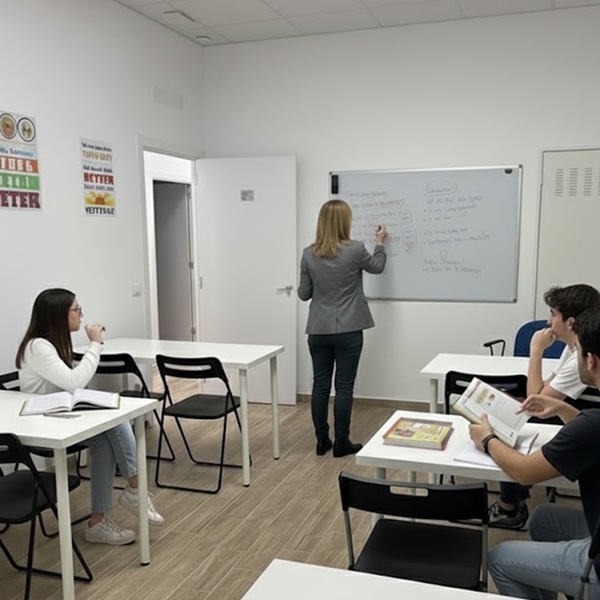 Actividad dinámica en clase de inglés para niños, con juegos educativos y participación activa