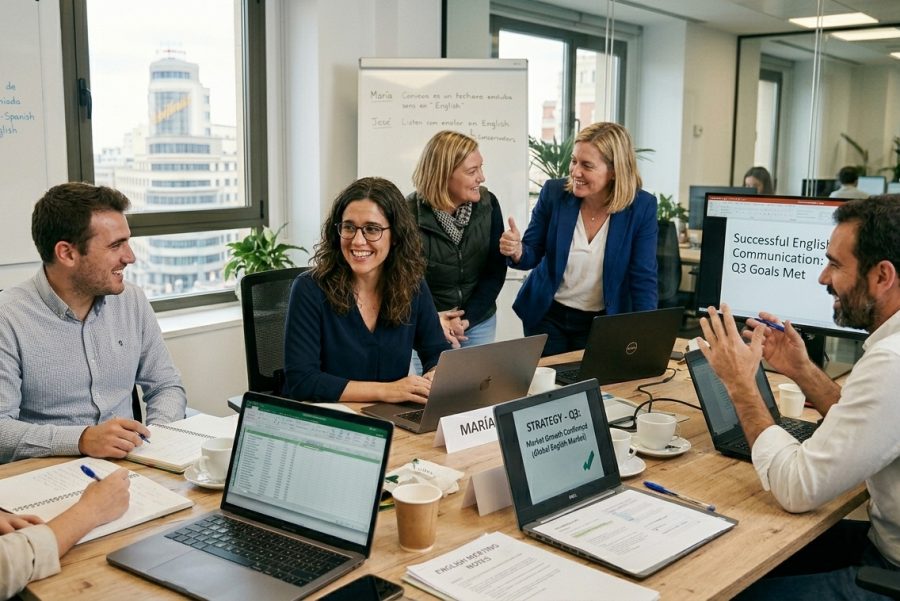 equipo de empresa comunicandose en ingles con confianza en entorno profesional
