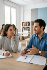 Estudiantes adultos practicando conversación en inglés para mejorar su expresión oral y comprensión auditiva.